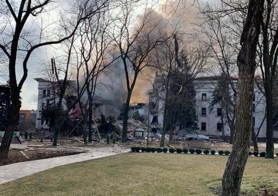 A view shows Donetsk Regional Theatre of Drama destroyed by an airstrike amid Russia's invasion of Ukraine, in Mariupol, Ukraine, in this handout picture obtained by Reuters on March 16, 2022.  / Credit: Donetsk Regional Civil-Military Administration/Handout via REUTERS