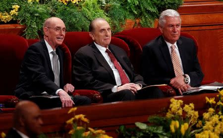 FILE PHOTO: Church of Jesus Christ of Latter-day Saints First Counselor Henry B. Eyring (L), President Thomas S. Monson and Second Counselor Dieter F. Uchtdorf (R) attend the church's biannual general conference in Salt Lake City, Utah, U.S., April 5, 2014. REUTERS/Jim Urquhart/File Photo