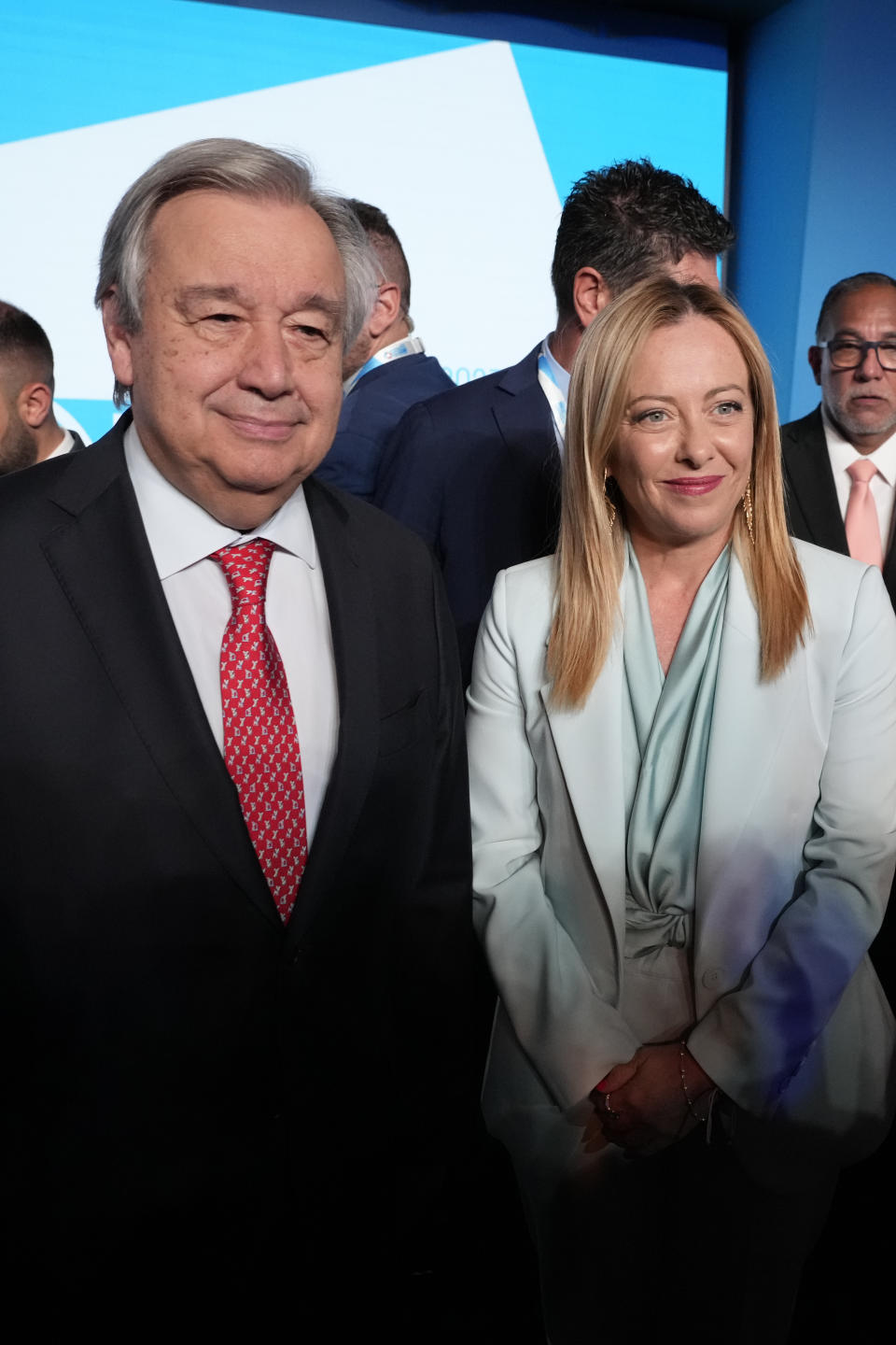 UN Secretary General Antonio Guterres, left, and Italian Premier Giorgia Meloni arrive for the opening session of a three-day U.N. Food and Agriculture Agency's summit on food systems in Rome, Monday, July 24, 2023. (AP Photo/Andrew Medichini)