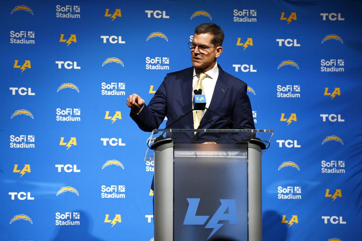 Chargers coach Jim Harbaugh speaks to the media during a news conference at YouTube Theater on Thursday, Feb. 1, 2024, in Inglewood, California.