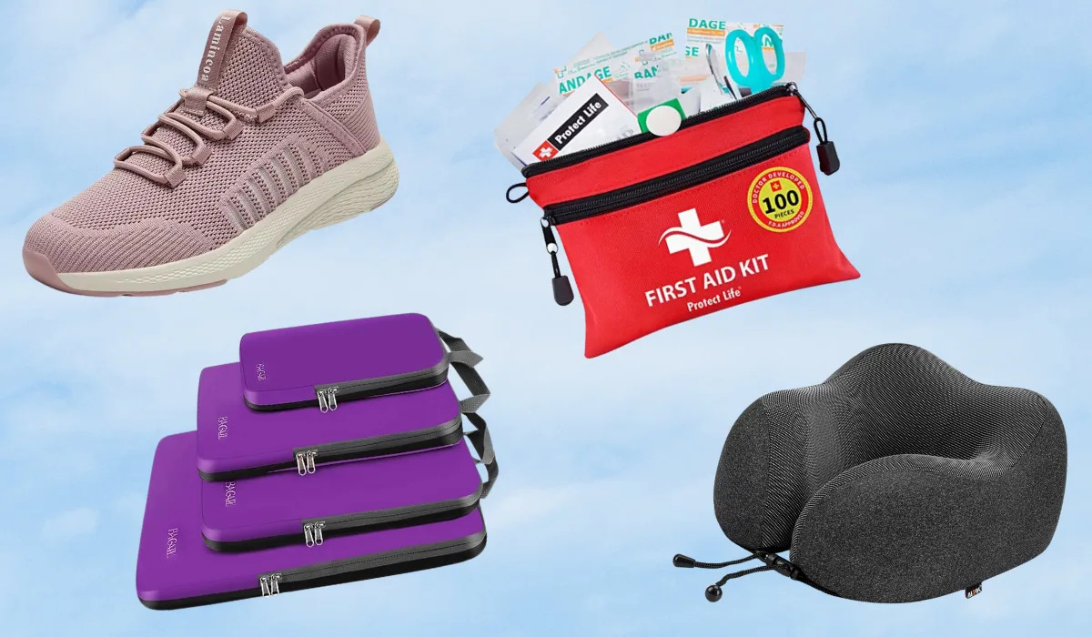 pink sneaker, purple packing cubes, first aid kit, travel neck pillow