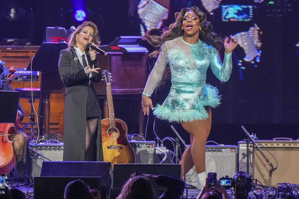 Maren Morris, left, and Alexia Noelle perform at "Love Rising," a benefit concert for the Tennessee Equality Project, Inclusion Tennessee, OUTMemphis and The Tennessee Pride Chamber, on Monday, March 20, 2023, at the Bridgestone Arena in Nashville, Tenn. (Photo by Ed Rode/Invision/AP)