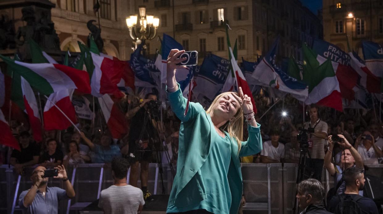 A 'V' for victory for Giorgia Meloni? <a href="https://www.gettyimages.com/detail/news-photo/giorgia-meloni-leader-of-italian-far-right-party-fratelli-news-photo/1243215867?adppopup=true" rel="nofollow noopener" target="_blank" data-ylk="slk:Nicolò Campo/LightRocket via Getty Images;elm:context_link;itc:0;sec:content-canvas" class="link ">Nicolò Campo/LightRocket via Getty Images</a>