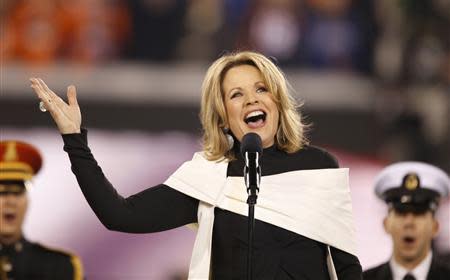 Soprano Renee Fleming sings the U.S. National Anthem prior to the NFL Super Bowl XLVIII football game between the Denver Broncos and the Seattle Seahawks in East Rutherford