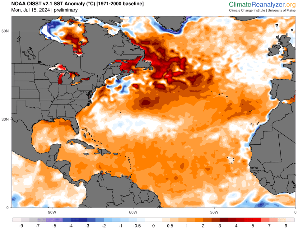 Orange and red temperatures in this map University of Maine Climate Reanalyzer map based on NOAA satellite data show the areas where waters in the Atlantic are warmer than a 1971-2000 baseline.