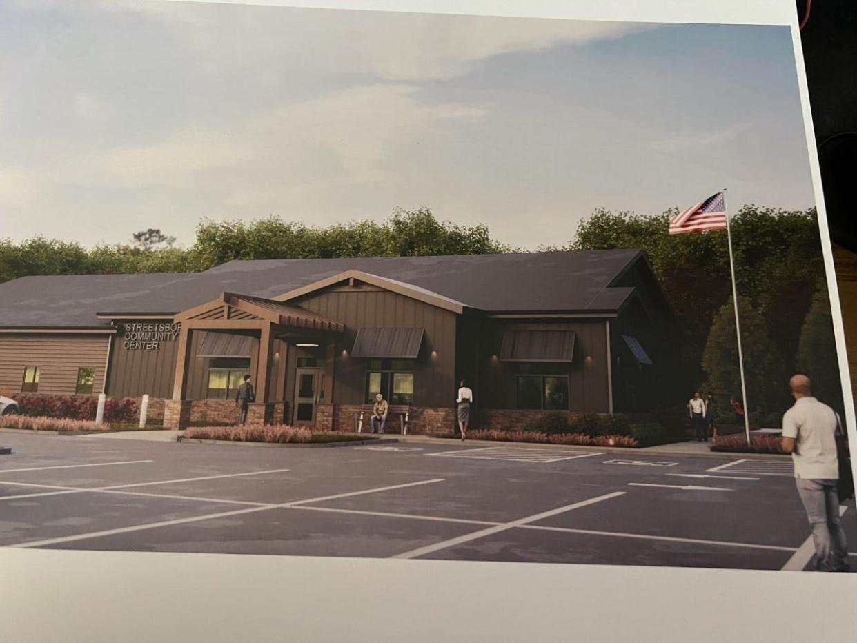 Levelheads, Streetsboro's consulting firm on its community center project, recently released new renderings of the planned building. The newest plans feature a fire pit, a flagpole and a bench in front of the building.