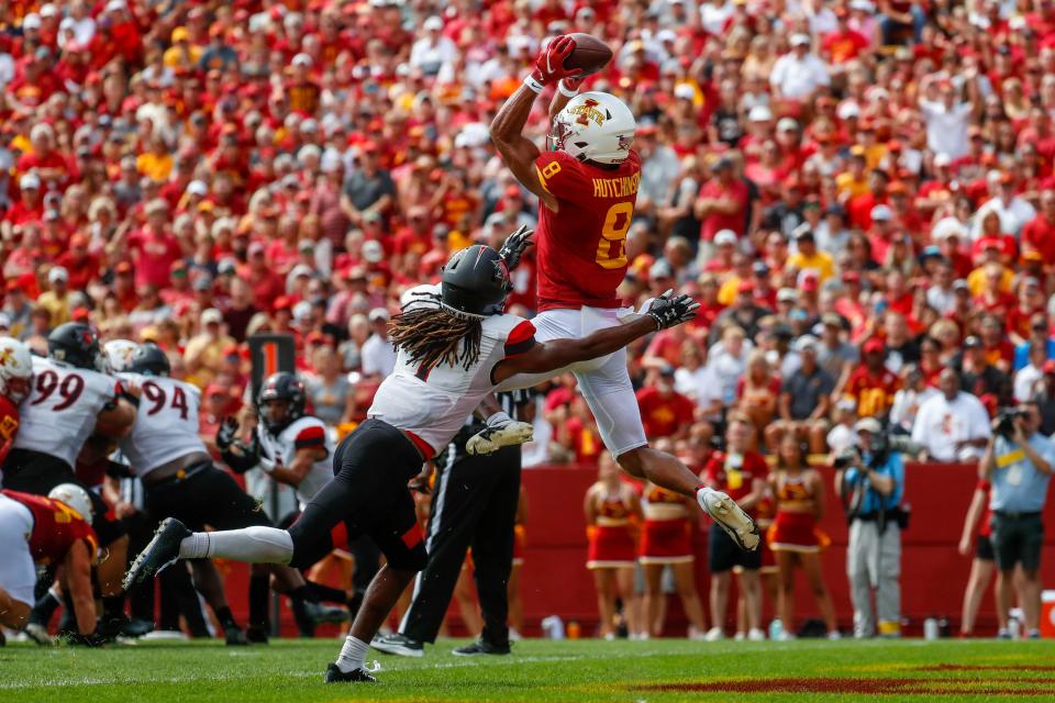Iowa State wide receiver Xavier Hutchinson (8) catches the ball in the end zone over Southeast Missouri State safety Lawrence Johnson (7) during the Iowa State, Southeast Missouri State game on Saturday