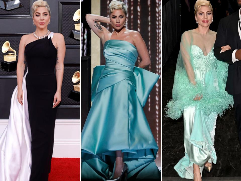 Lady Gaga wears three different dresses during the 2022 Grammys.