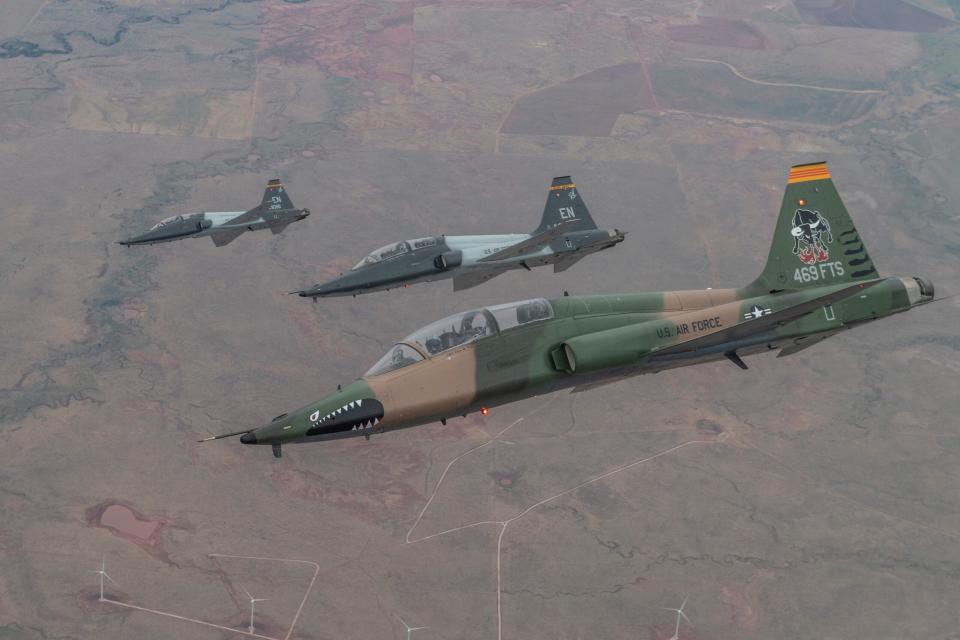 Instructor pilots assigned to the Euro-NATO Joint Jet Pilot Training Program operate U.S. Air Force T-38C Talon aircraft above Wichita Falls, Texas, July 21, 2022. (U.S Air Force photo by Staff Sgt. Joseph Pick)