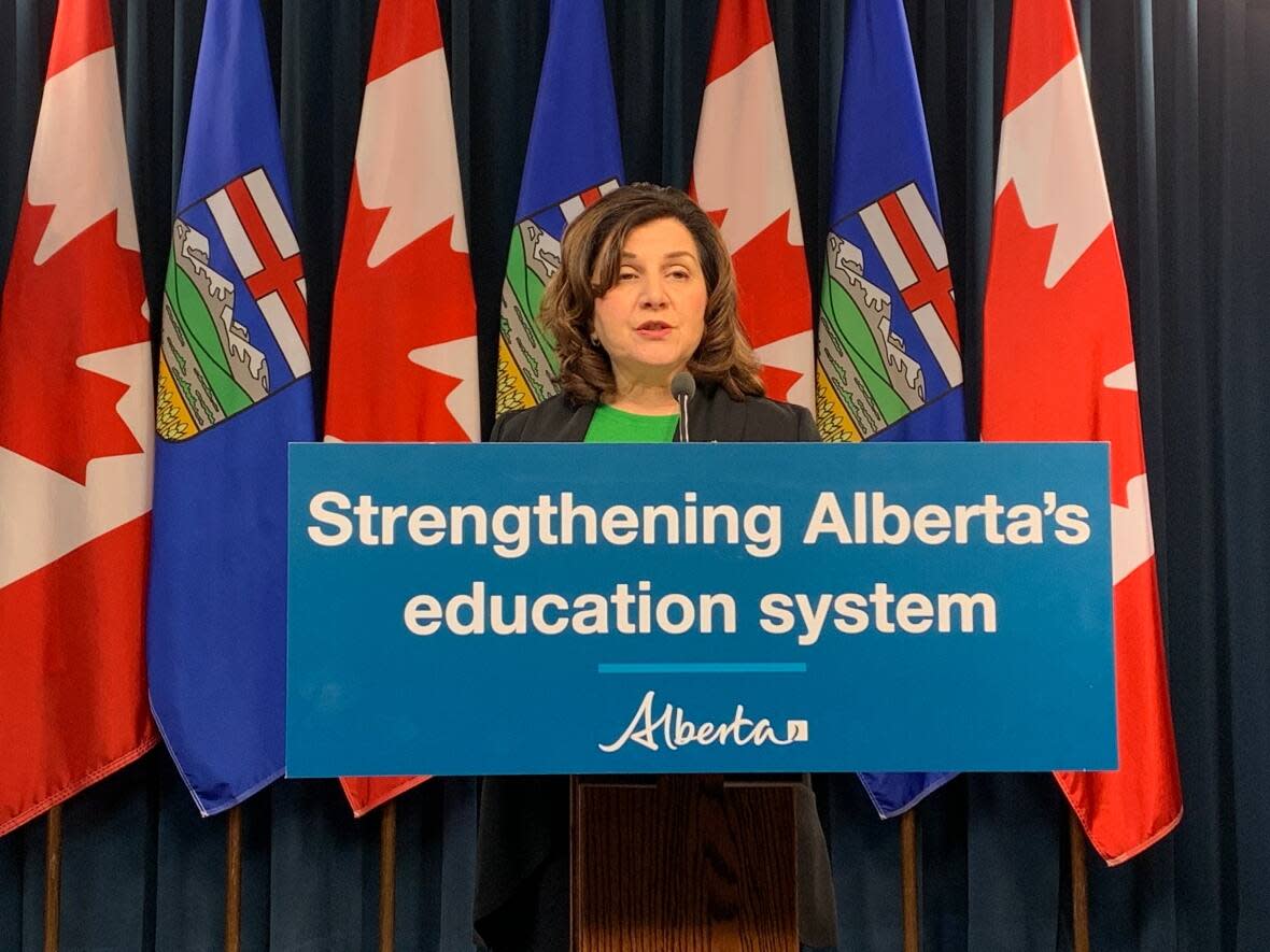 Alberta Education Minister Adriana LaGrange announces the new K-6 curriculum in science, French immersion language arts, and Francophone language arts, will be ready to use in classrooms next school year. The new curriculum in these subjects will be mandatory in kindergarten to Grade 3 starting in fall 2023. Grades 4-6 will be mandatory in fall 2024. (Janet French/CBC - image credit)