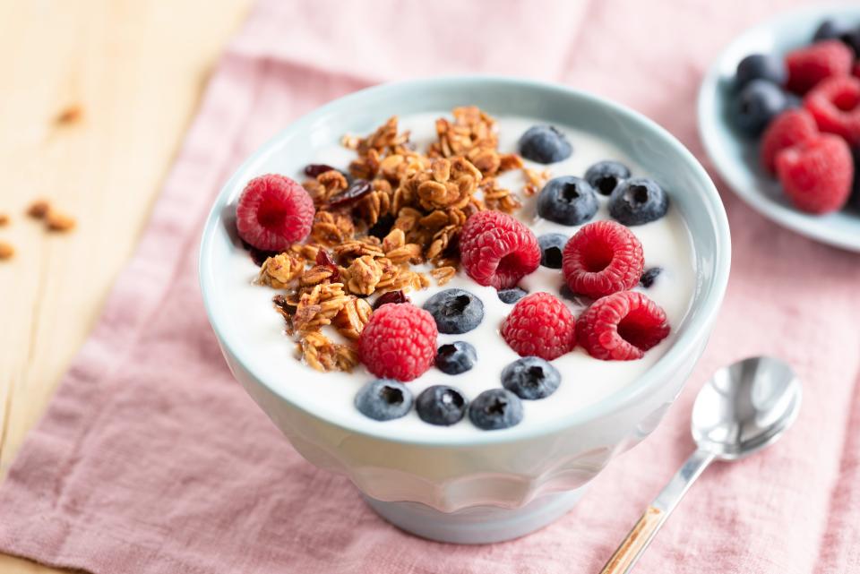 Yogurt with blueberries, raspberries, and granola