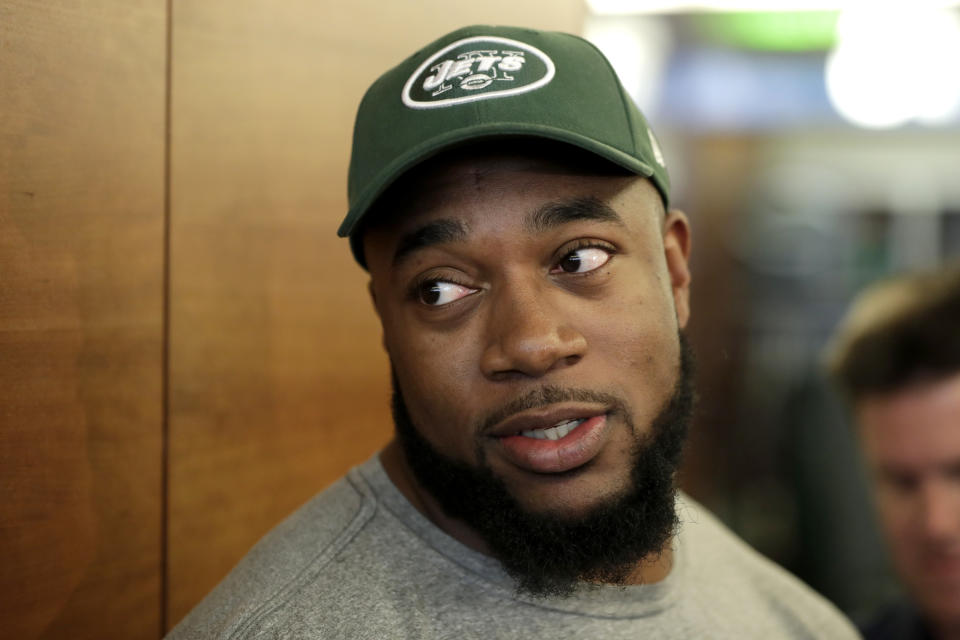 FILE - In this Saturday, May 5, 2018 file photo, New York Jets' Nathan Shepherd, who was drafted in the third round of the 2018 draft, speaks to reporters during NFL rookie camp in Florham Park, N.J. New York Jets defensive lineman Nathan Shepherd has been suspended six games by the NFL for violating the league's policy on performance-enhancers. The NFL announced the suspension Tuesday, Sept. 10, 2019. (AP Photo/Julio Cortez, File)