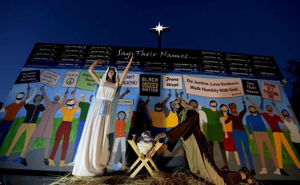 Nativity scene depicting Black Lives Matter protest at Claremont United Methodist Church.