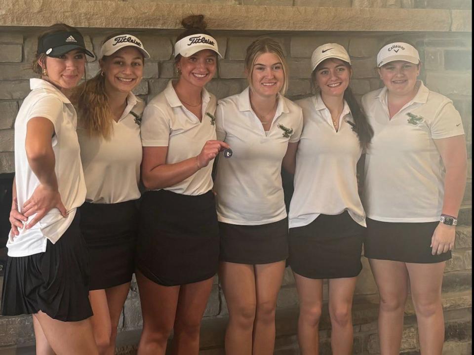 Members of Woodward-Granger's girls golf team poses for a photo after placing second on Monday, April 15, 2024, at Terrace Hills Golf Course.