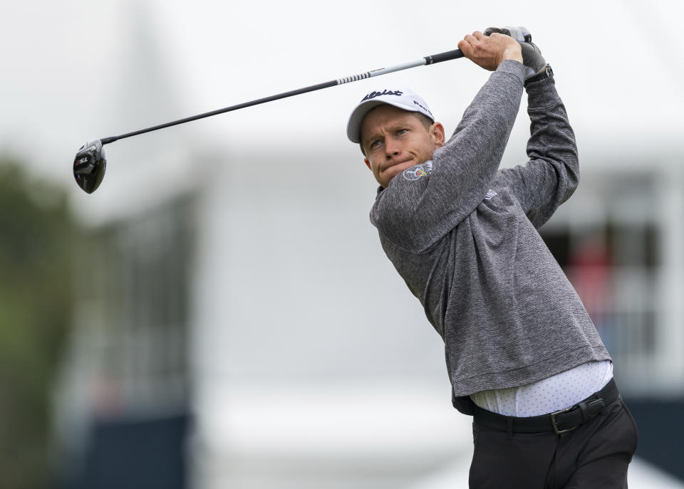 Peter Malnati tees off on the 17th hole during the Houston Open golf tournament at the Golf Club of Houston in Humble, Texas, Friday, Oct. 11, 2019. (Wilf Thorne/Houston Chronicle via AP)