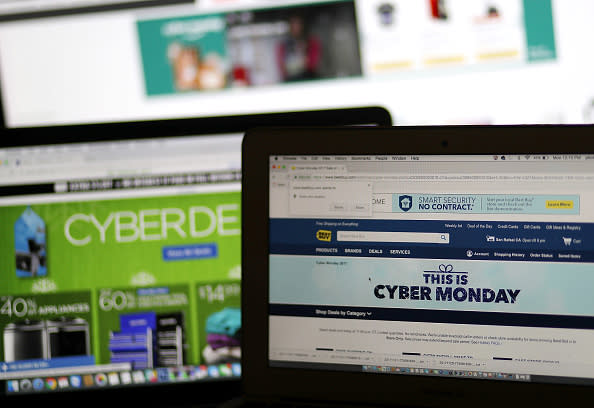 SAN ANSELMO, CA - NOVEMBER 27:  In this photo illustration, an ad seen on the Best Buy website for a Cyber Monday sale is displayed on laptop computers on November 27, 2017 in San Anselmo, California. Cyber Monday will likely be the biggest shopping day in U.S. e-commerce history with an expected $6.6 billion in sales.  (Photo Illustration by Justin Sullivan/Getty Images)