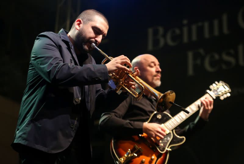 French-Lebanese trumpet player and composer, Ibrahim Maalouf, performs with guitarist Francois Delporte in Beirut