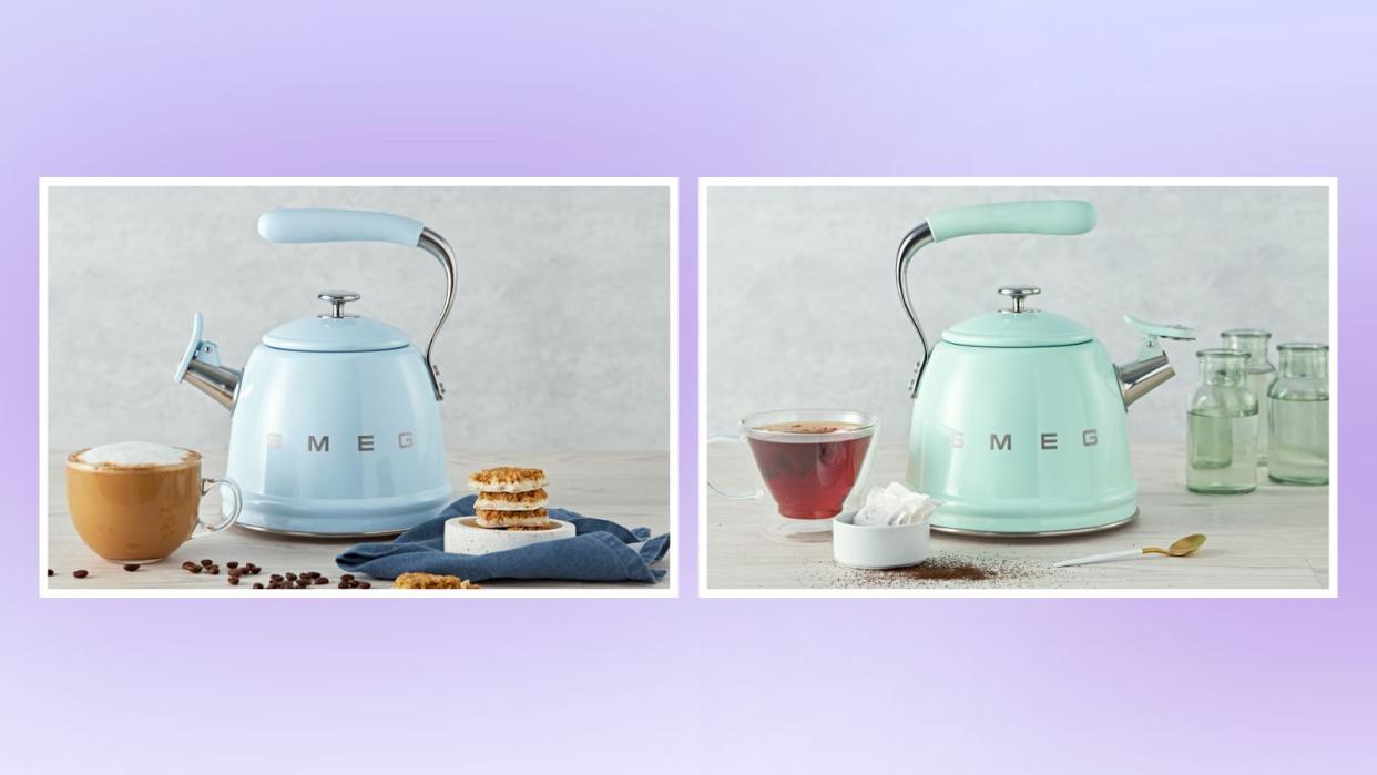  Two SMEG tea kettles, one in pastel blue, the other in pastel green, on a light purple background. 