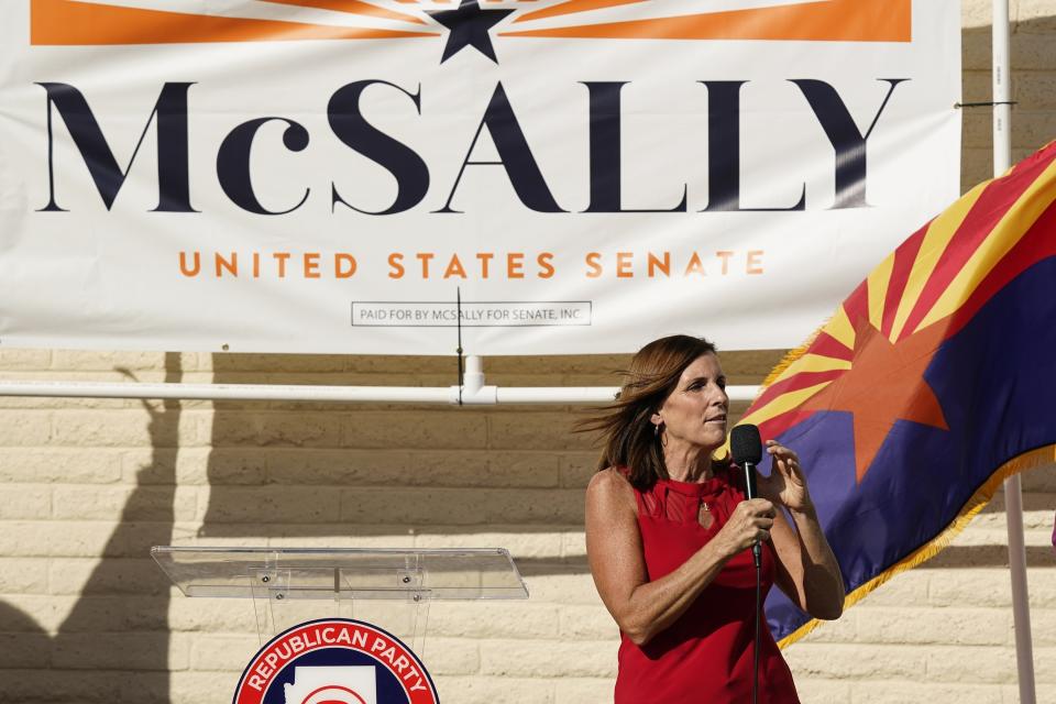 Arizona Republican Sen. Martha McSally campaigns at Republican Party Headquarters Monday, Nov. 2, 2020, in Phoenix. McSally is running against Democratic candidate Mark Kelly in the election set for tomorrow. (AP Photo/Ross D. Franklin)