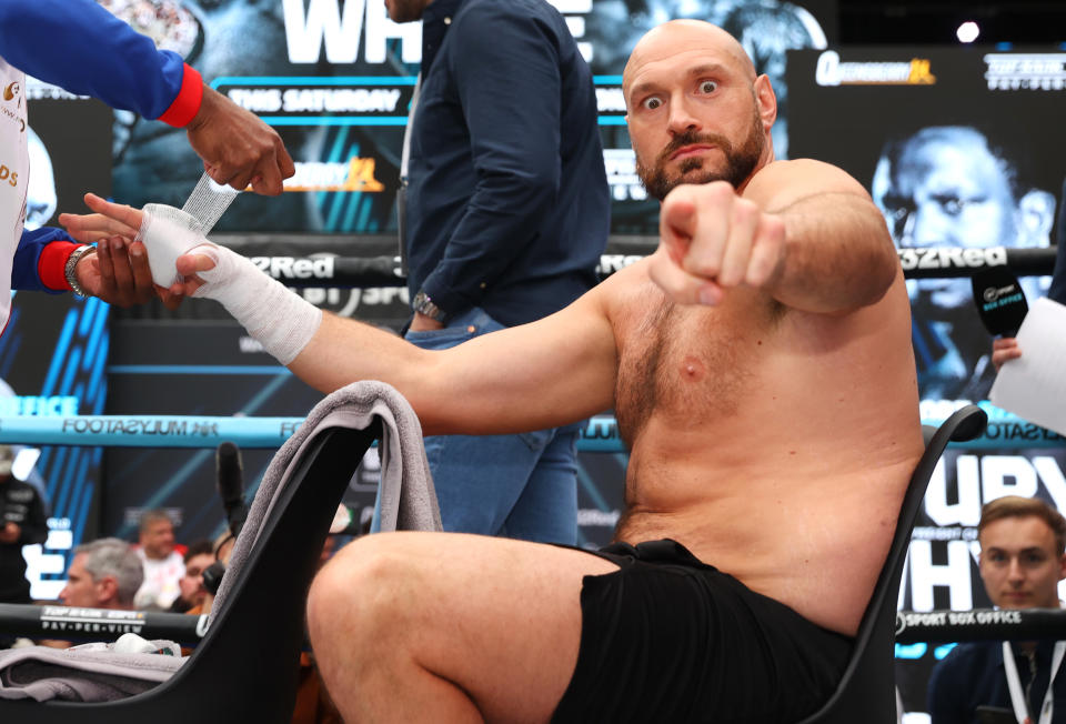 LONDON, ENGLAND - APRIL 19: Tyson Fury points during the Tyson Fury & Dillian Whyte Media Work Out at Wembley Park on April 19, 2022 in London, England. (Photo by Mikey Williams/Top Rank Inc via Getty Images)