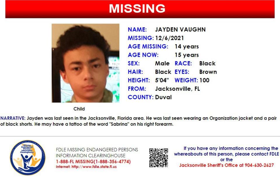 Jayden Vaughn was reported missing from Jacksonville on Dec. 6, 2021.