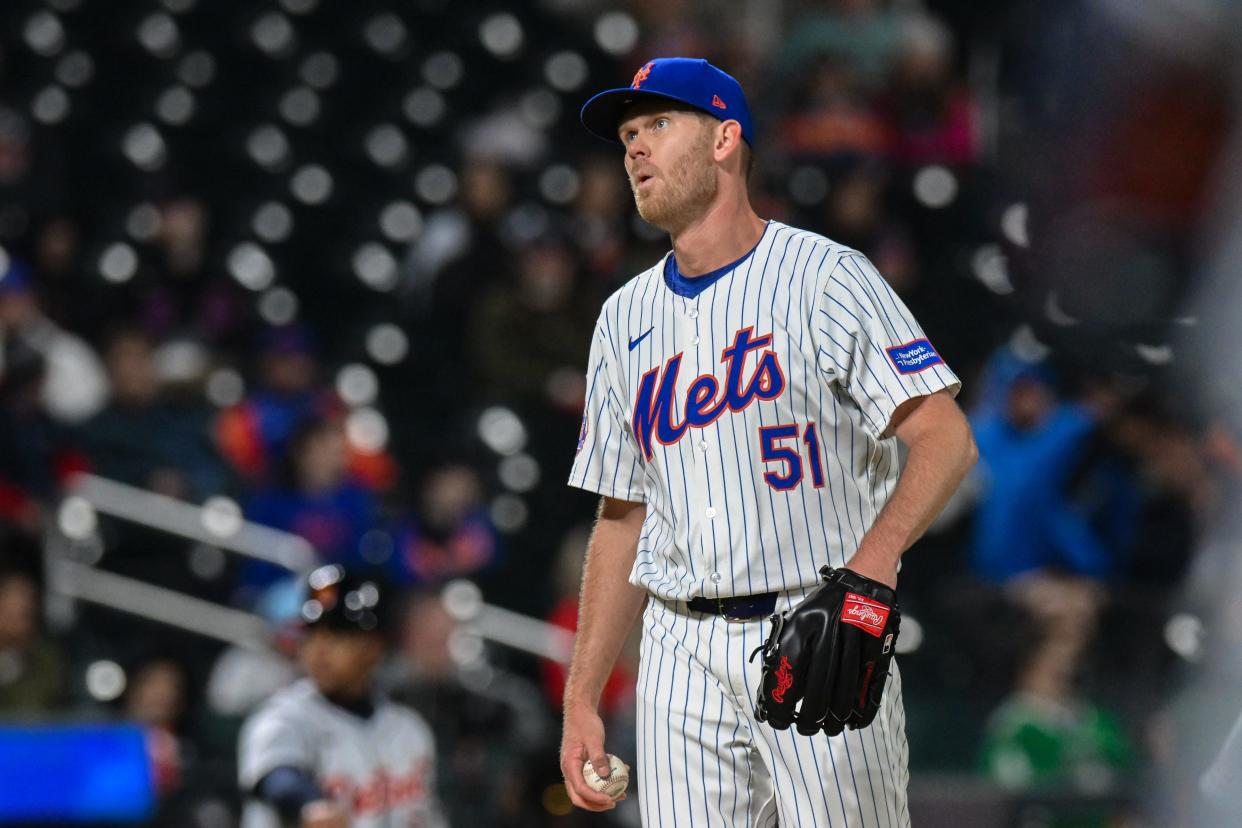 New York Mets relief pitcher Michael Tonkin (51) reacts during the tenth inning against the Detroit Tigers on April 1, 2024, at Citi Field.