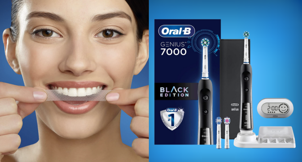 woman with crest white strips and blue box with black electric toothbrush