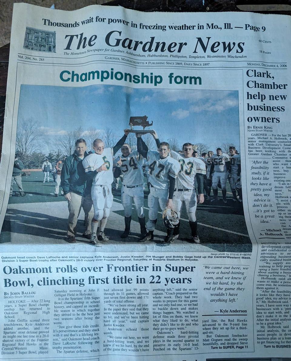 One of the few times the author's byline appeared on the front page of The Gardner News was when the Oakmont Regional football team won the Central/Western Mass. Division 3 Super Bowl in 2006.