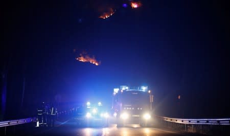 Firefighters work to put out a forest fire along a road near Maials, west of Tarragona