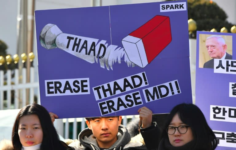 Anti-war activists at a rally against the visit of the US Defense Secretary James Mattis in Seoul on February 2, 2017