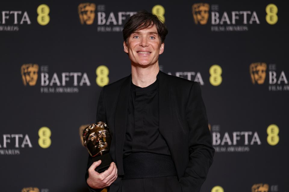 Cillian Murphy, winner of the leading actor award for "Oppenheimer," poses for photographers at the 77th British Academy Film Awards, or BAFTAs, in London on Feb. 18, 2024.