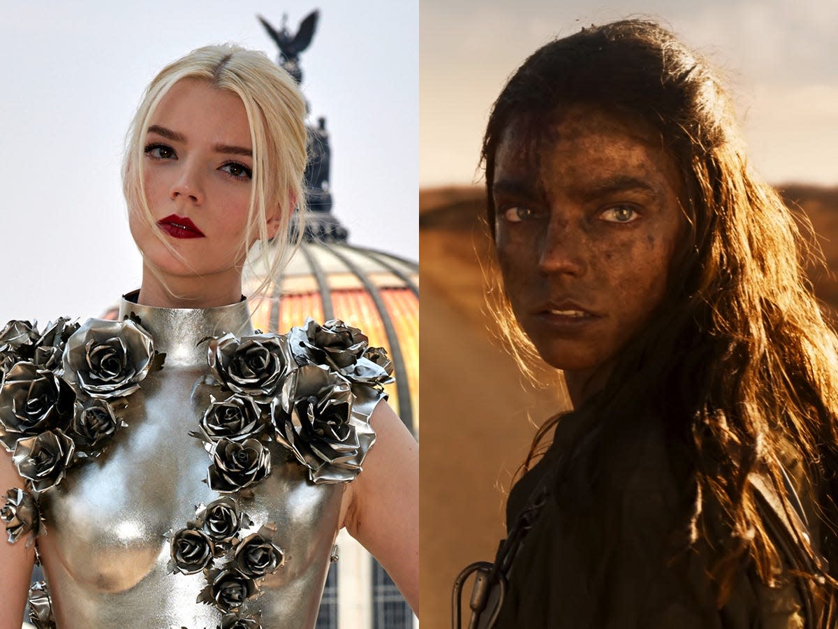 Anya Taylor-Joy at the "Furiosa" photocall in Mexico City, and as Furiosa in "Furiosa: A Mad Max Saga."