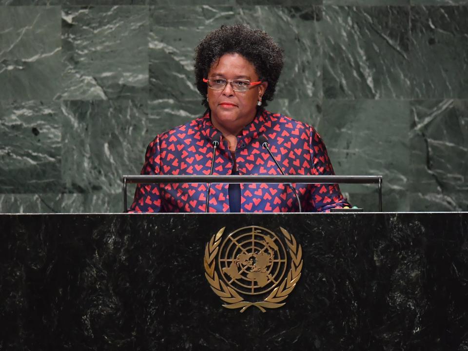 Barbados Prime Minister Mia Amor Mottley addresses the 73rd session of the General Assembly at the United Nations in New York on September 28, 2018.