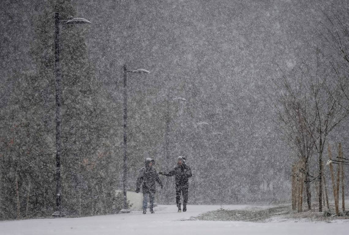 Heavy snow falls as pedestrians walk through Central Park in Burnaby, B.C., on Tuesday, Nov. 29.