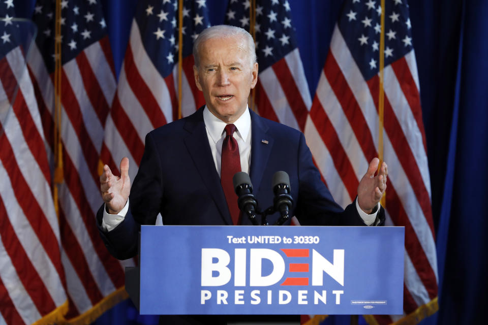In this Tuesday, Jan. 7, 2020 file photograph, presumptive Democratic presidential nominee Joe Biden gestures during a foreign policy statement in New York. On Tuesday, a federal judge restored New York's Democratic presidential primary slated for June 23, after ruling that eliminating it was unconstitutional. (AP Photo/File, Richard Drew)