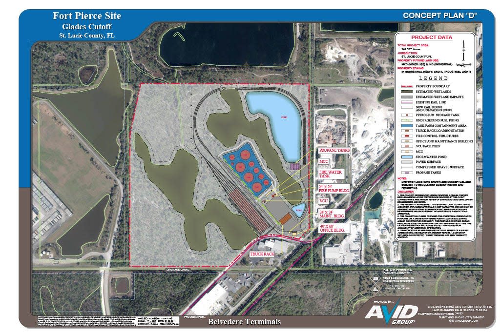 Pre-application plan submitted by Belvedere Terminals to St. Lucie County in May 2022 includes about 10 storage tanks, stormwater ponds, and some office buildings. Wetlands have also been mapped. The site is less than a mile from the Ten Mile Creek.