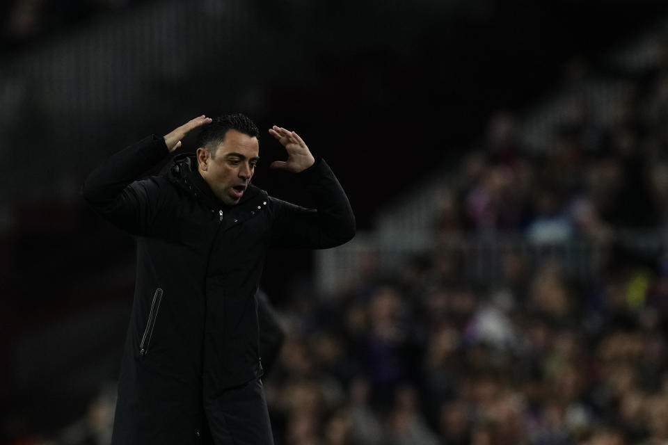 Xavi Hernandez head coach of Barcelona gestures during the Copa del Rey semi final second leg match between FC Barcelona and Real Madrid at Spotify Camp Nou on April 5, 2023 in Barcelona, Spain. (Photo by Jose Breton/Pics Action/NurPhoto via Getty Images)