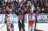 From left, second placed Croatia's Zrinka Ljutic, the winner United States' Mikaela Shiffrin and third placed Switzerland's Michelle Gisin celebrate after an alpine ski, women's World Cup slalom, in Are, Sweden, Sunday, March 10, 2024. (AP Photo/Alessandro Trovati)