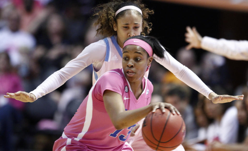 Kentucky guard Bria Goss (13) works the ball as she is defended by Tennessee guard Meighan Simmons in the first half of an NCAA college basketball game on Sunday, Feb. 16, 2014, in Knoxville, Tenn. (AP Photo/Wade Payne)