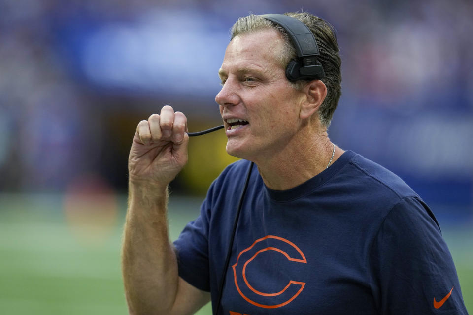 Chicago Bears coach Matt Eberflus walks the sideline as the team plays against the Indianapolis Colts during the first half of an NFL preseason football game in Indianapolis, Saturday, Aug. 19, 2023. (AP Photo/Michael Conroy)