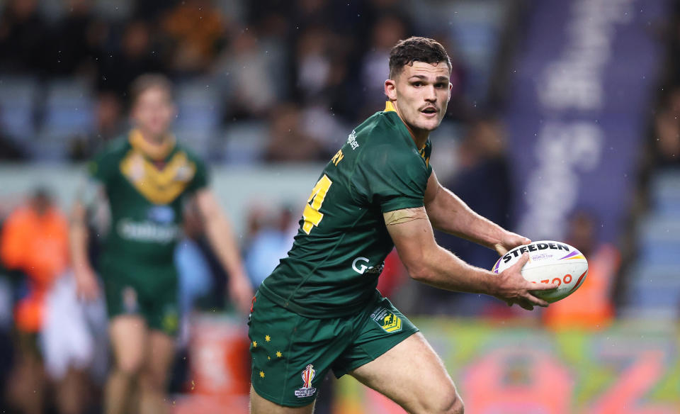 Nathan Cleary (pictured) runs with the ball during the Rugby League World Cup.