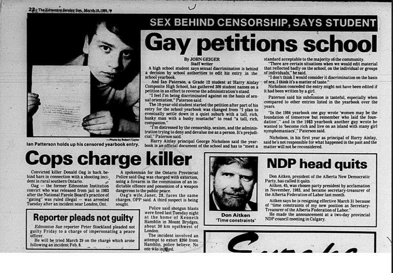 A clipping of the Edmonton Sun newspaper shows the article about Ian Paterson's petition to allow him to keep his original quote about him wanting a future with a man.