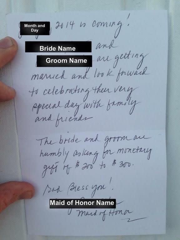 A man shared this note he received from the maid of honour. Photo: Reddit