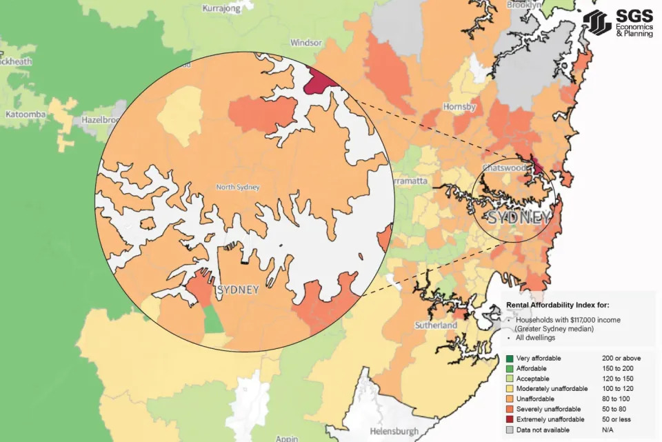 SGS ECONOMICS, NATIONAL SHELTER chart showing rental unaffordability in Sydney.