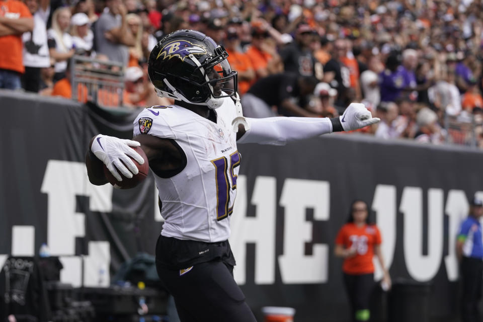 Baltimore Ravens wide receiver Nelson Agholor (15) celebrates after scoring during the second half of an NFL football game against the Cincinnati Bengals Sunday, Sept. 17, 2023, in Cincinnati. (AP Photo/Darron Cummings)