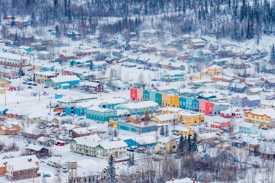 Aerial view during winter of Dawson City, Yukon Territory, Canada.