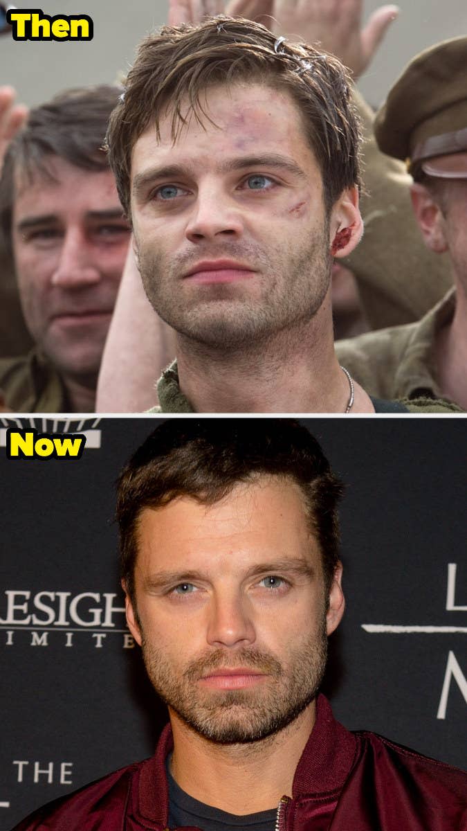 Bucky Barnes with scars on his face vs Sebastian posing on a red carpet