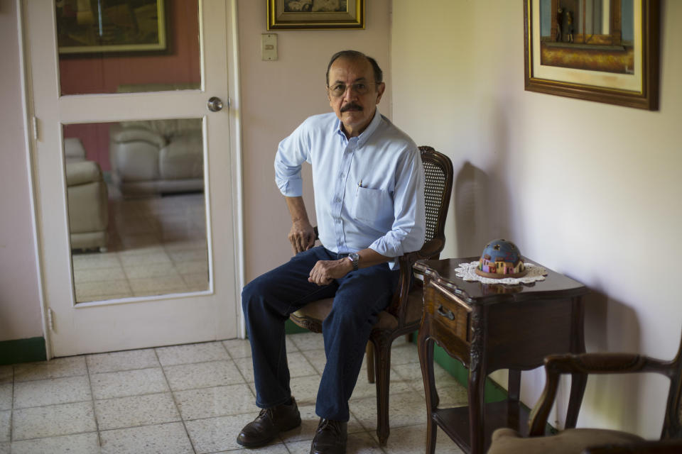 FILE - In this May 2, 2018 file photo, retired Sandinista Gen. Hugo Torres poses for a portrait at his home in Managua, Nicaragua. Nicaraguan police arrested Torres, a prominent ex-Sandinista dissident on Sunday, June 13, 2021, bringing to six the number detained over the weekend, the biggest one-day roundup so far in President Daniel Ortega’s campaign to jail anyone who might challenge his rule. (AP Photo/Moises Castillo, File)