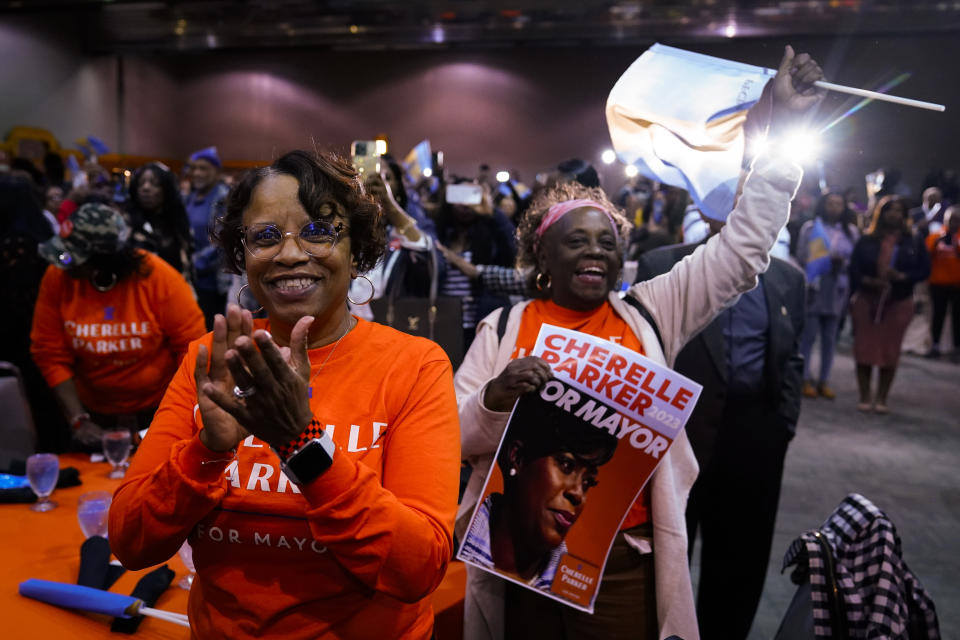 Supporters of Democratic mayoral candidate Cherelle Parker react during an election night event party in Philadelphia, Tuesday, Nov. 7, 2023. Parker has been elected as Philadelphia's 100th mayor, becoming the first woman to hold the office. (AP Photo/Matt Rourke)