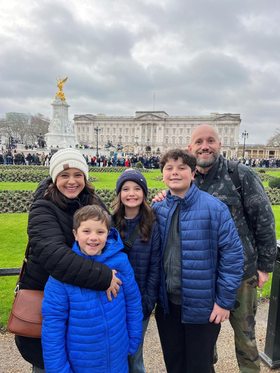 Jessica and Matthew Turner and their three children together during a vacation in London together in January 2024 -- about four years after the couple divorced. From left to right, Jessica, Ezra, 9, Adeline, 12, Elias, 15, and Matthew Turner